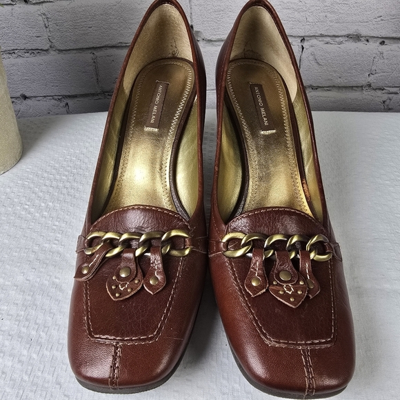 ANTONIO MELANI Brown Leather Heels with Gold Chain Detail On Toe Size 8.5 Euc - Picture 6 of 8